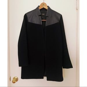 Maje structured black wool coat with leather collar and shoulder accent